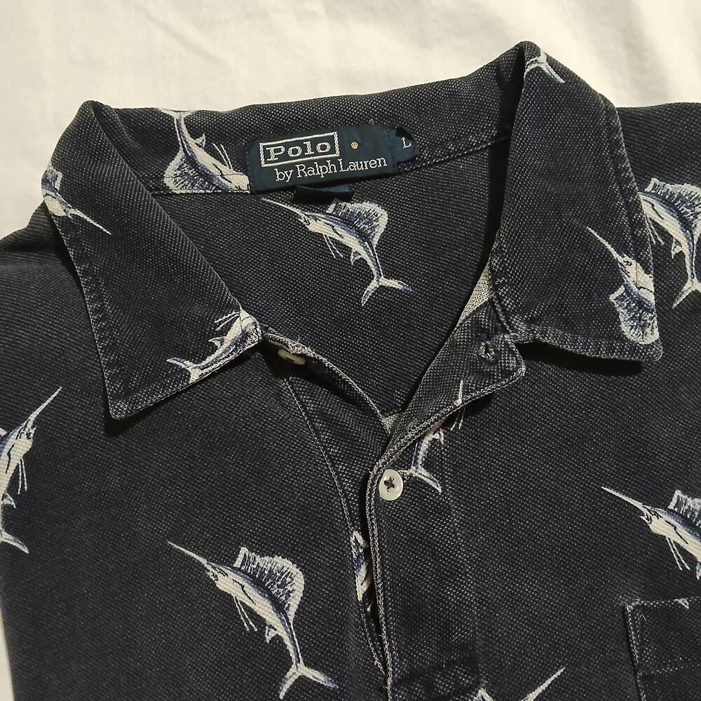 VTG POLO by Ralph Lauren large Navy Blue 100% cotton SAILFISH polo short-sleeved